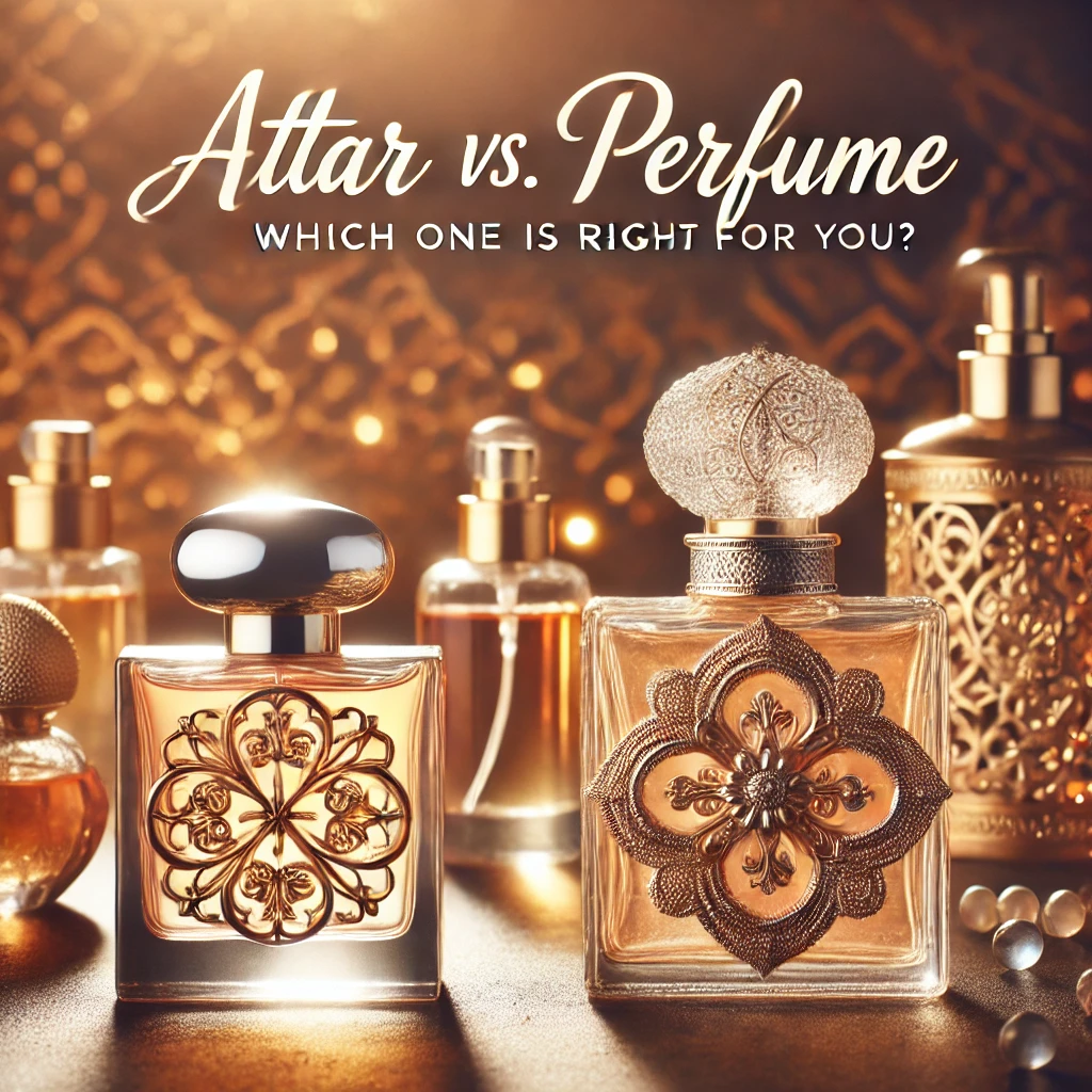 DALL·E 2025-02-10 20.45.23 - A visually appealing title image for a blog post titled 'Attar vs. Perfume_ Which One is Right for You_'. The image should feature elegant perfume bot